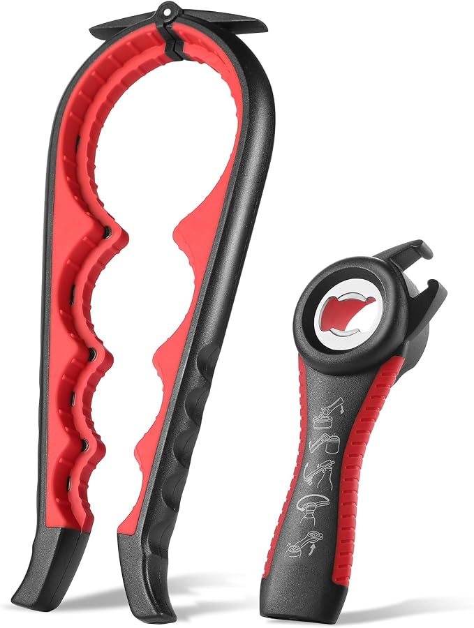 Jar Opener Bottle Opener, 5-in-1 Multi-Function Can Opener with Ergonomic Non-Slip Handle, Kitchen Tool Set for Weak Hands, Seniors with Arthritis, Red
