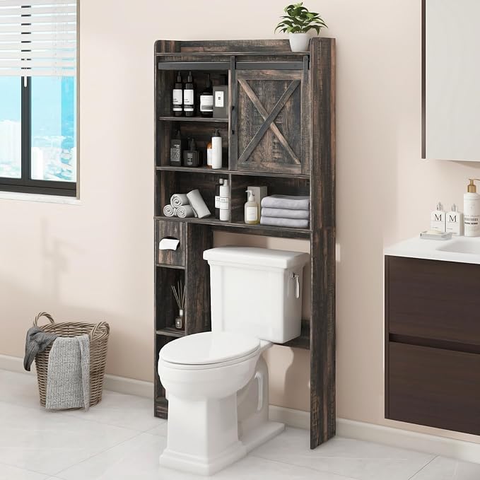 Vabches Over The Toilet Storage Cabinet, Farmhouse Storage Cabinet Over Toilet with Sliding Doors & Toilet Paper Holder Stand，Home Space-Saving Toilet Rack, for Bathroom, Laundry(Dark Grey)