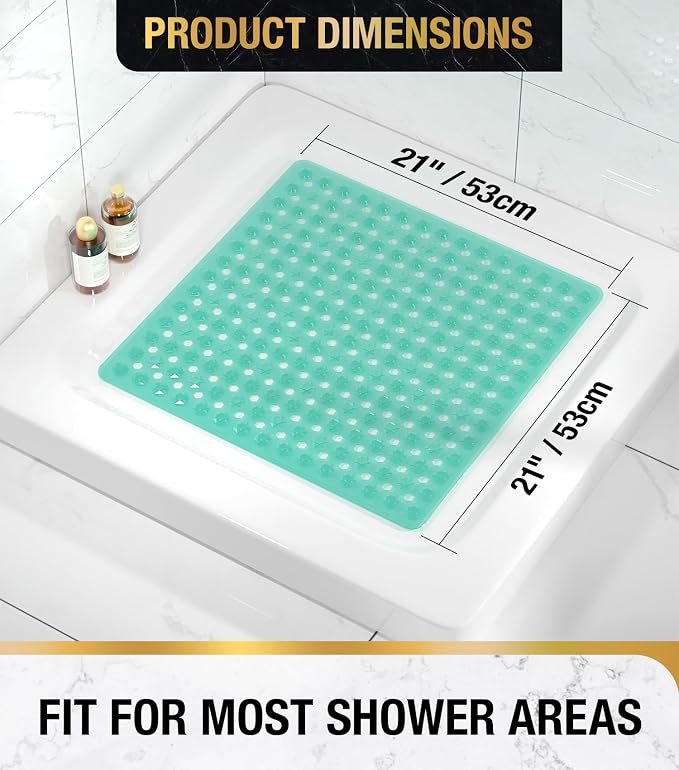 HITSLAM Shower Mat Anti Slip, Square Bath Mat for Tub Non Slip with Suction Cups and Drain Holes, 21x21 Inch Bathroom Shower Stall Floor Mat, Machine Washable, Soft on Feet, Green