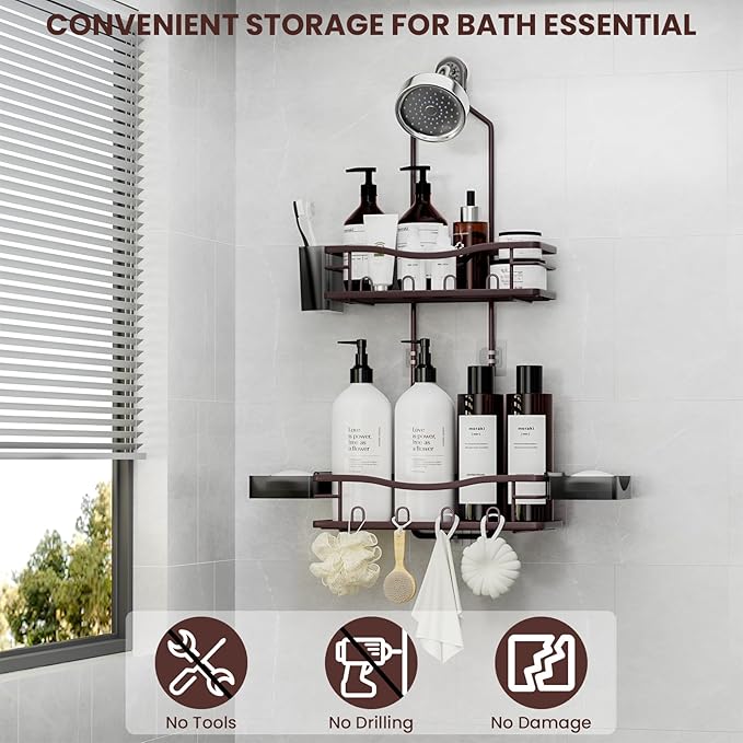REINHARDT Shower Caddy Hanging, Rustproof Shower Caddy Anti-Swing Shower Organizer No Drilling Showers Racks with Soap Holder Multi Hooks Bathroom Storage for Shampoo Sponge, Bronze