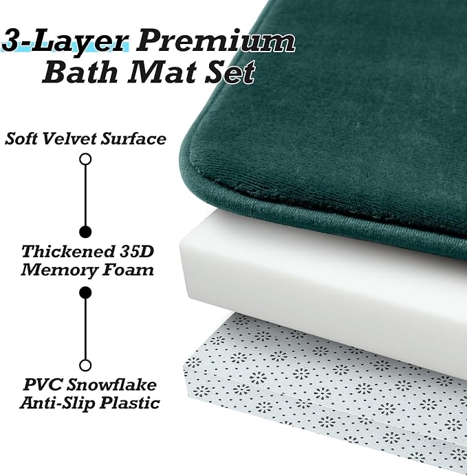 HUXMEYSON Bathroom Rugs Sets 3 Piece, Non-Slip & Quick Dry Bath Mat Set, Ultra Soft Velvet Bath Rugs for Bathroom, Toilet and Shower Floor, Peacock Blue