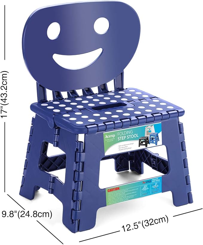 ACSTEP Folding Step Stool with Back Support for Kids,9" Kids Step Stool for Outdoor or Indoor Kitchen Step Stools and Bathroom Stool for Toddlers Boys Girls - Royal Blue