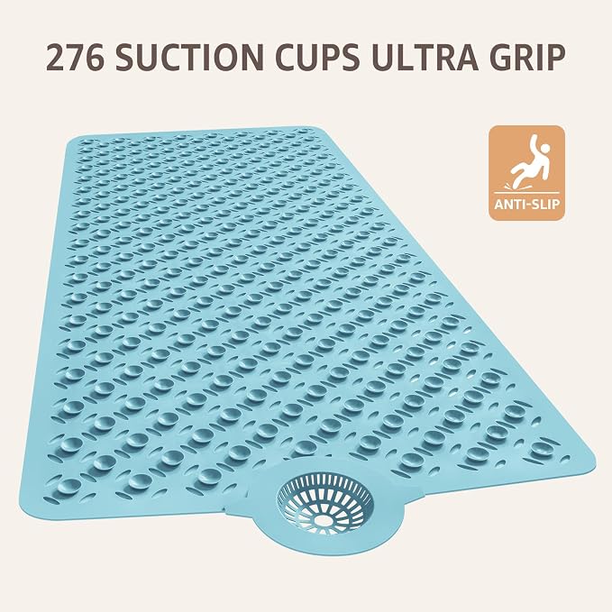 OTHWAY Bath Mat for Tub Non Slip: 39" X 17" Long Bathtub Mat with Hair Catcher│Big Drain Holes Shower Mats for Inside Shower│Machine Washable (Blue)