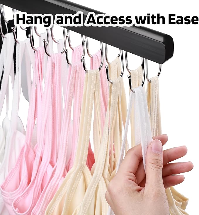 NECAMOCU 2 Pack Bra Hanger for Closet Organizer, Premium Wooden Tank Top Hangers with 36 Foldable Hooks, 360° Rotating Design, Space Saving Storage for Tank Tops, Bras, Scarves and More, Black