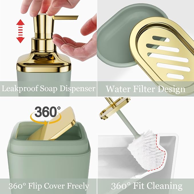 XLHOMO Bathroom Set - Sage Green Bathroom Accessories Set, Bathroom Sets with Shower Curtain and Rugs, Sage Green Shower Curtain Set with Bathroom Trash Can, Soap Dispenser, Soap Dish for Home Decor
