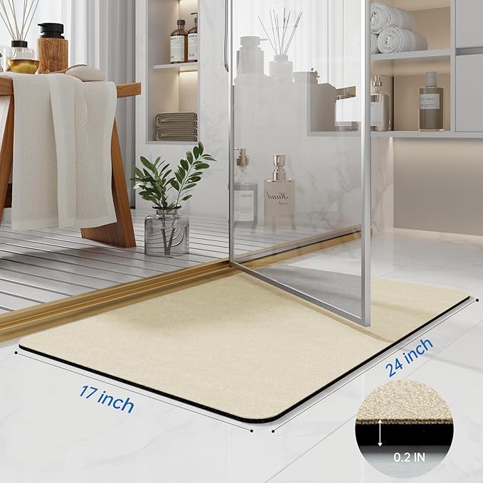 Diatomaceous Earth Bath Rugs 24x17 - Quick Dry Absorbing Non Slip Thin Bath Mat Fit Under Door, For Tub, Shower, Sink, Beige