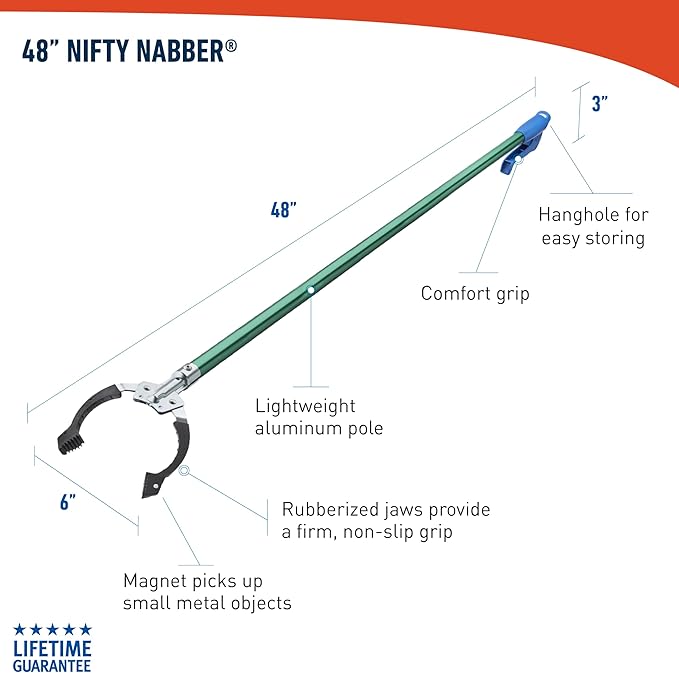 Unger Professional 48” Nifty Nabber, Reacher Grabber Tool, Trash Picker Upper, Built-In Magnet and Ergonomic Grip, Outdoor Claw Pickup, Reaching Assist for Seniors, Safely Perform Tasks