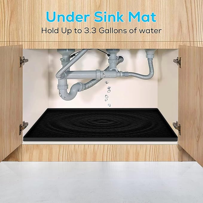 Under Sink Mat for Kitchen, Silicone Waterproof Liner, Flexible Organizer Tray with Drain Hole, 3.3 Gallons Capacity, Easy to Clean (Black, 34x22)