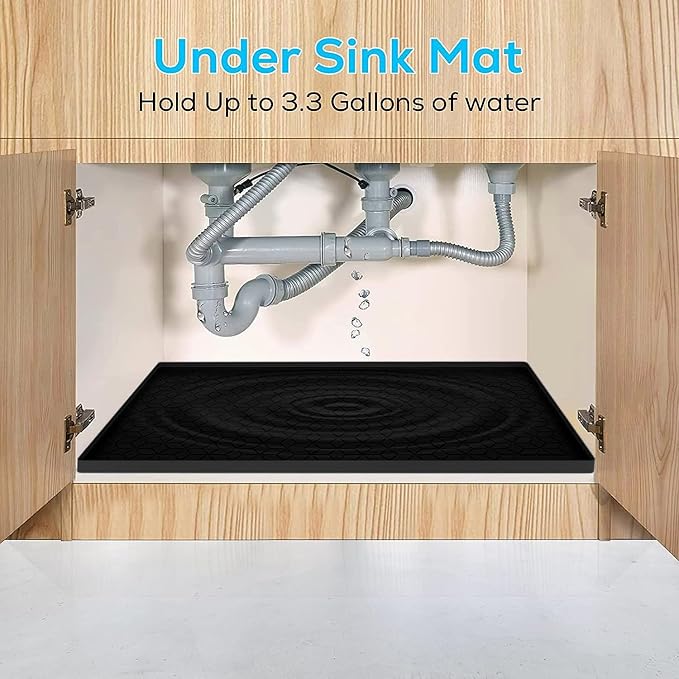 Under Sink Mat, 19"x22" Under Sink Mats for Kitchen, Silicone Waterproof Under Sink Liner, Sink Cabinet Organizer Tray with Drain Hole (Black, 19X22)