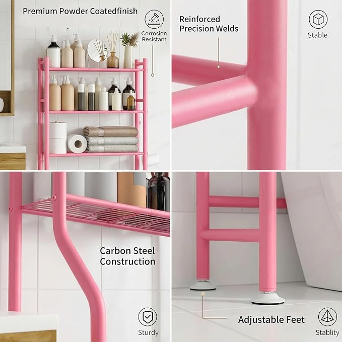 GloTika 3-Tier Over Toilet Storage with Anti-Tilt Safety System - 150lb Total Capacity Metal Bathroom Shelves Including Paper Holder & 4 Hooks, Space Saving Above Commode Organizer (64" H, Pink)