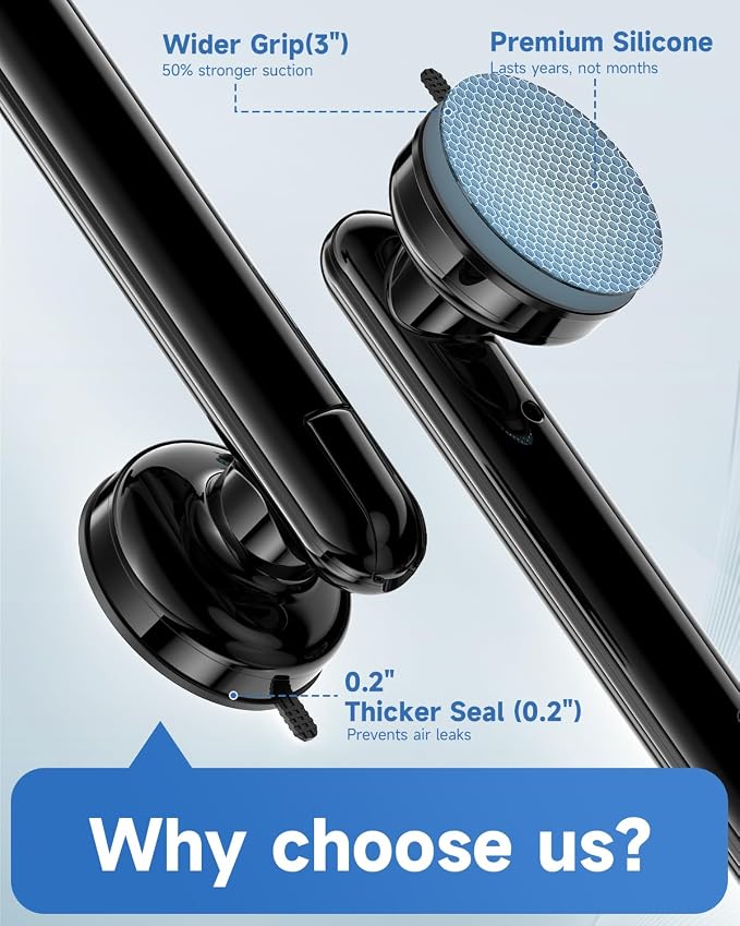 2 Pack Suction Cup Grab Bars for Bathtubs and Showers, 11 Inch Bathroom Safety Grip No Drilling & Waterproof, 230lbs Shower Handle Removable Bath Handrails for Seniors and Elderly, Black