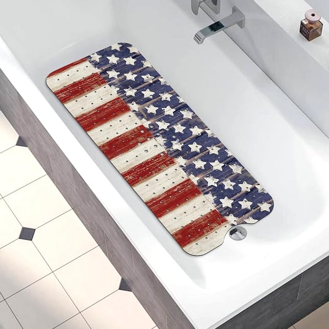 Bathtub Mat Non Slip, American Flag Extra Long Bath tub Mat Shower Floor Mat with Suction Cups and Drain Holes for Adults Kids Elderly 40 X 16 Inch