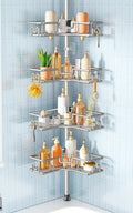 HAMITOR L-Shaped Corner Shower Shelves: 4-Tier Tension Pole Bathroom Caddy - No Drilling Rustproof Metal Bathtub Organizer - Standing Adjustable Apartment Essentials Rack for Renters 47-123 Inch