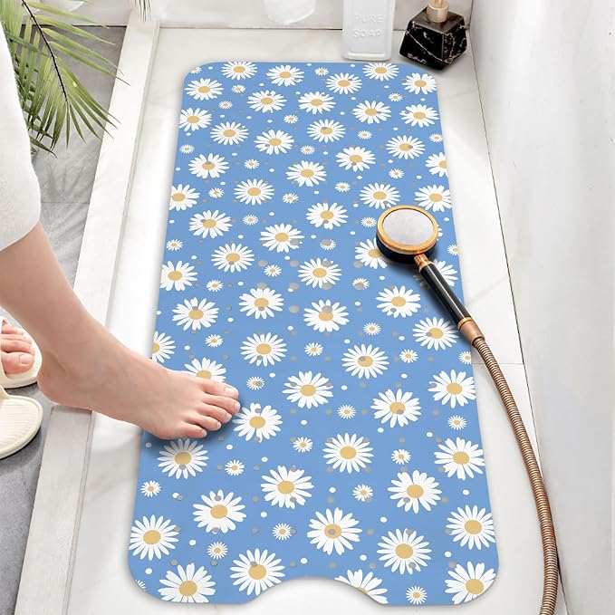 Bathtub Mat Non Slip, Daisy Extra Long Bath tub Mat Shower Floor Mat with Suction Cups and Drain Holes for Adults Kids Elderly 40 X 16 Inch