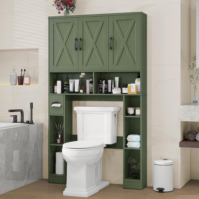 Vabches Over The Toilet Storage Cabinet, Farmhouse Toilet Cabinet Rack with 3 Barn Doors, Space Saving Bathroom Organizer with Shelves, Toilet Paper Holder and Towel Rack for Bathroom,Restroom.(Green