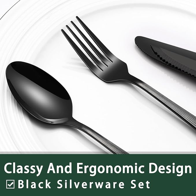 EWFEN 24-Piece Black Silverware Set with Steak Knives, Black Flatware Set for 4, Food-Grade Stainless Steel Tableware Cutlery Set, Mirror Finished Utensil Sets for Home Restaurant, Roman Column