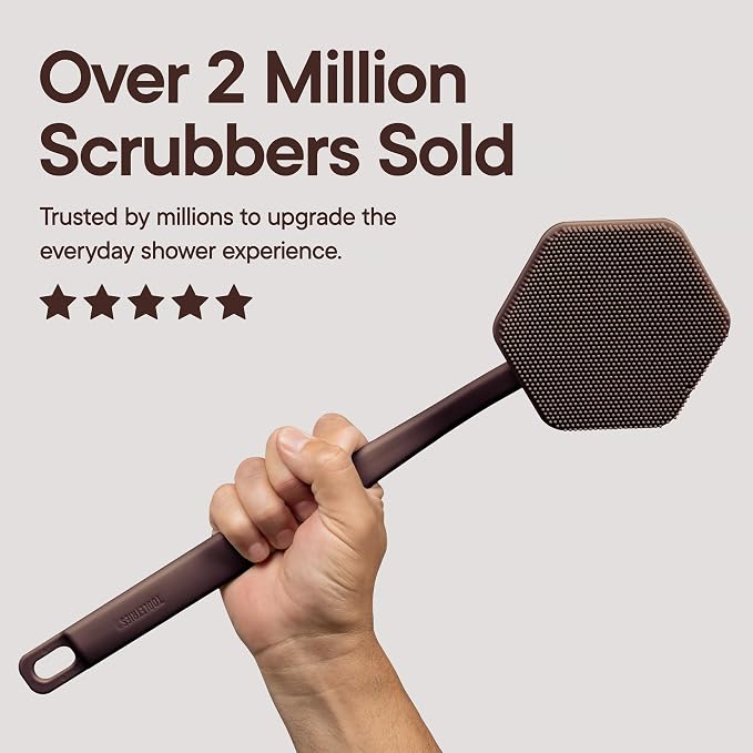 TOOLETRIES Silicone Back Scrubber for Shower, Exfoliating Body & Bath Brush, Long Ergonomic Handle, Non-Slip Grip for Hard-to-Reach Areas, Hygienic Silicone Bath Accessory for Men & Women - Chocolate