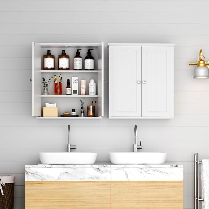 Shintenchi Bathroom Wall Medicine Cabinet with 2 Door, Bathroom Storage Organizer Over The Toilet,Space Saving Storage with 3-Tier Shelves,White