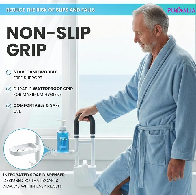 Bathtub Grab Bar Safety Rail for Seniors and Elderly with 300lbs Heavy Duty Iron Support Plus Tool Free Clamp on Shower Handle and Non Slip Bathroom Assist Bar for Side of Tub in White