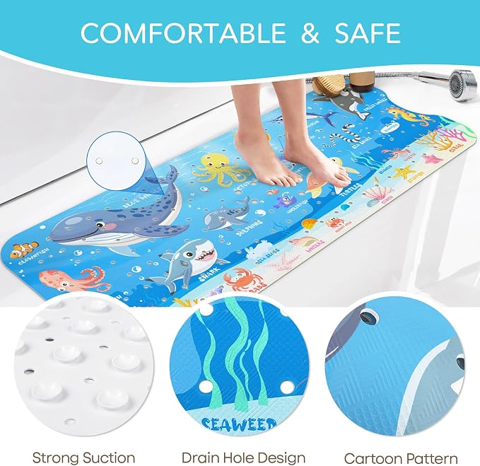 SHUCHING Ocean Animals Bath Mat for Tub Non Slip-40 X 16 Inch, Bathtub Mat Non Slip for Baby Kids, Toddler Long Shower Mat for Bathroom