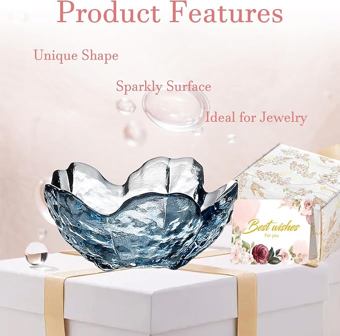 Binoster Blue Flower Glass Ring Dish Jewelry Tray Ring Holder Dish Cute Room Decor Vanity Organizer for Nightstand or Bathroom Aesthetic Trinket Dish Gift for Wife Mom Daughter