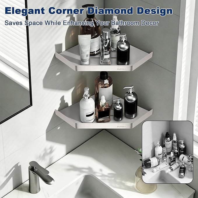 NearMoon Bathroom Shower Caddy 2 Pack, 304 Stainless Steel Shower Organizer, Screw Mounted (Diamond Corner Shelf, Brushed Nickel)