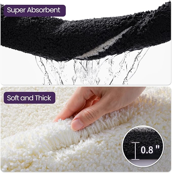 DEXI Bathroom Rugs 43x24, Absorbent Extra Soft Plush Microfiber Bath Mat for Bathroom, Non Slip Washable Bathmat Quick Dry for Shower Floor, Sink, Tub, Laundry Room, Black and White