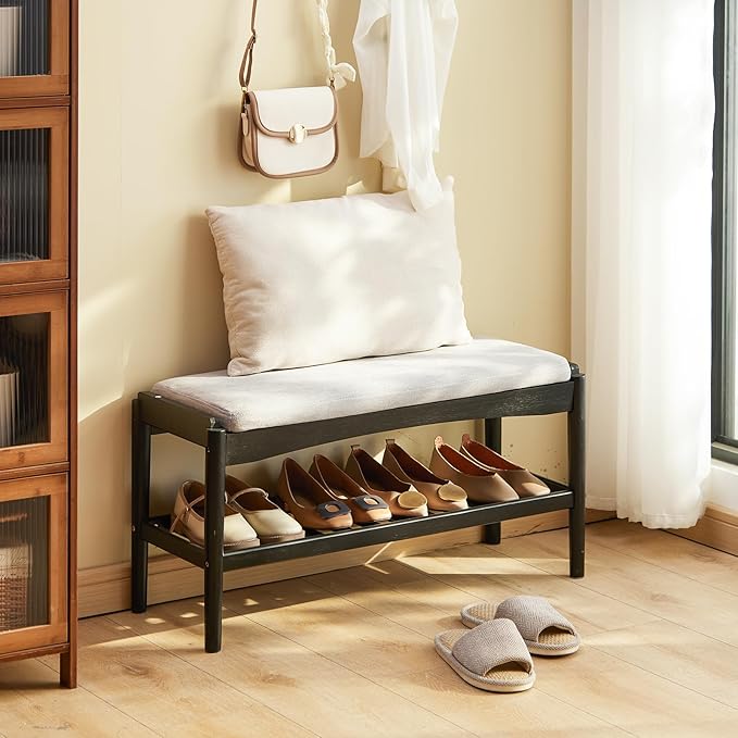 STDDRE Shoe Bench Entryway Bamboo 2-Tier Shoe Rack with Cushion Padded Seat Shoe Bench Organizer Stable for Hallway, Living Room, Bedroom(31.5 * 11.4 * 16.5IN, Black-Gray)