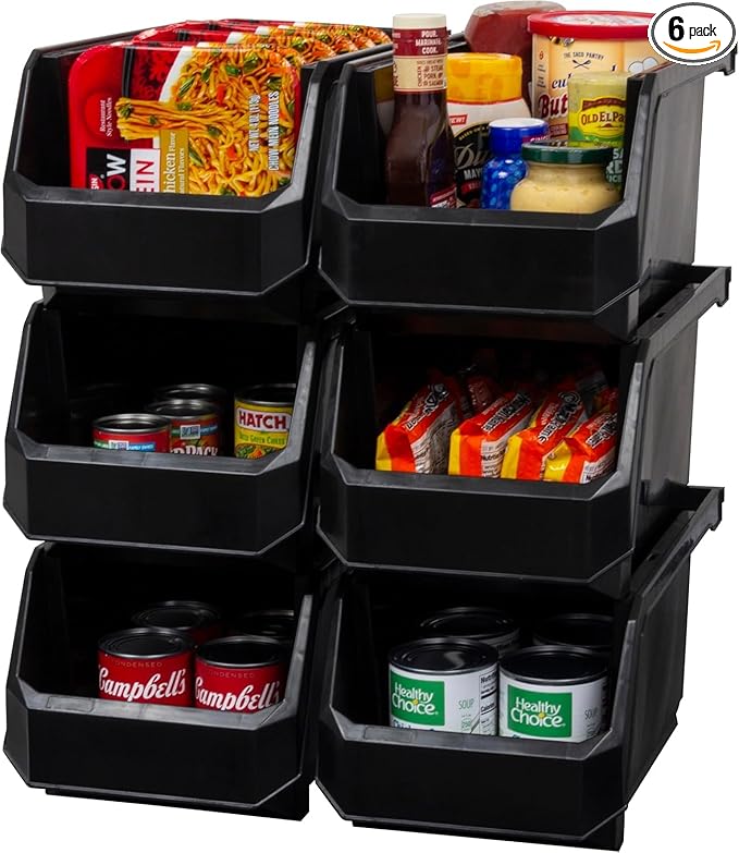 ReadySpace Large Plastic Storage Bins, Stackable Organizer Containers for Closet Pantry Shelf Garage and Office Organization, Black, 6 Pack