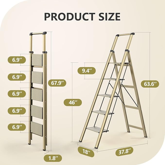 WOA WOA 5 Step Ladder, Ladders for Home, Anti-Slip Pedals, Aluminum Step Stool Foldable, Lightweight to Move, Ease of Storage, Reach 10ft for Closet Kitchen Library, Hold 300lbs - Gold