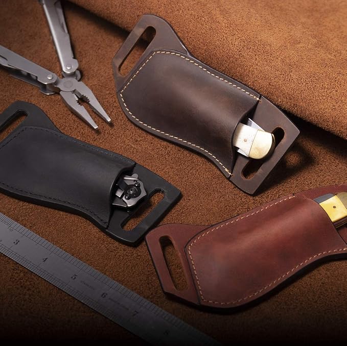 Gentlestache Leather Pocket Knife Sheaths for Belt, Folding Knife Sheath, EDC Belt Knife Sheath for Folding Knife, Compact Draw Knife Holster Brown