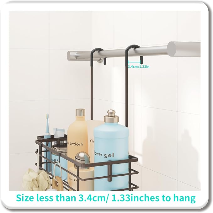 HapiRm Hanging Shower Caddy Organizer - No Drilling Shower Shelves with Hooks and Toothbrush Holder, Rustproof 304 Stainless Steel Bathroom Organizer - Bronze