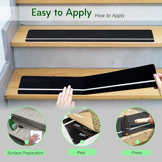 S&X Outdoor Stair Treads Non-Slip 25-Pack 6" x 24" with Glow-in-the-Dark Stripe Heavy Duty Anti Slip Tape for All Slippery Surfaces - Weather Resistant Grip Tape for Stairs, Steps