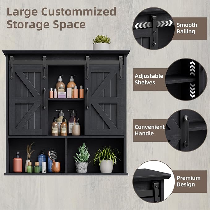 Vabches Bathroom Wall Cabinet, Farmhouse Medicine Cabinet with Double Sliding Barn Door and Adjustable Shelves, Wooden Vintage Storage Cabinet Wall Mounted for Bathroom, Kitchen Dining, Black