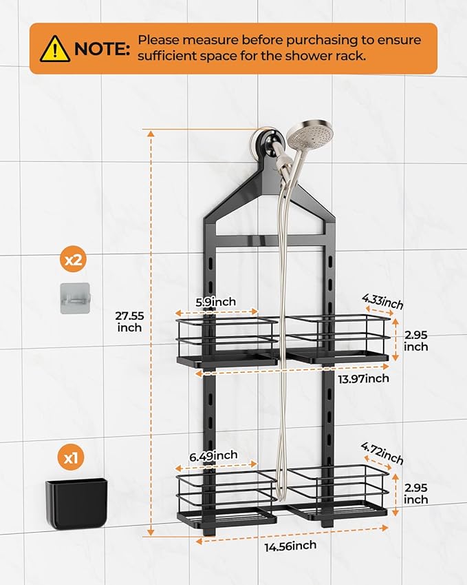 ODesign 2 Tier Height-Adjustable Partition Shower Caddy Hanging Anti-Swing-Over The Shower Head Caddy Storage Organizer Bathroom Shelves Basket-Black