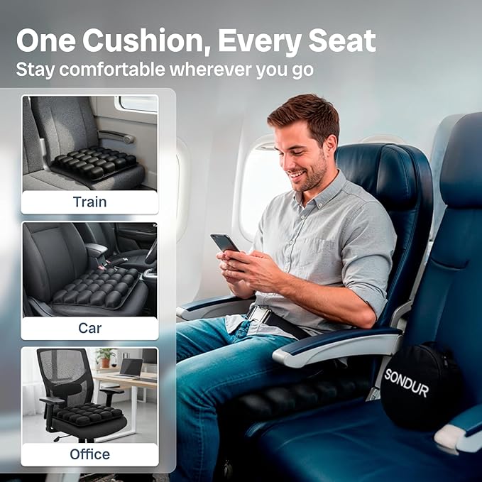 Sondur™ Travel Cushion – CloudAir Technology Airplane Seat Cushion – Inflatable Travel Cushion for Long Flights – Portable Air Cell Design, Puncture-Resistant Waterproof Pad – Black