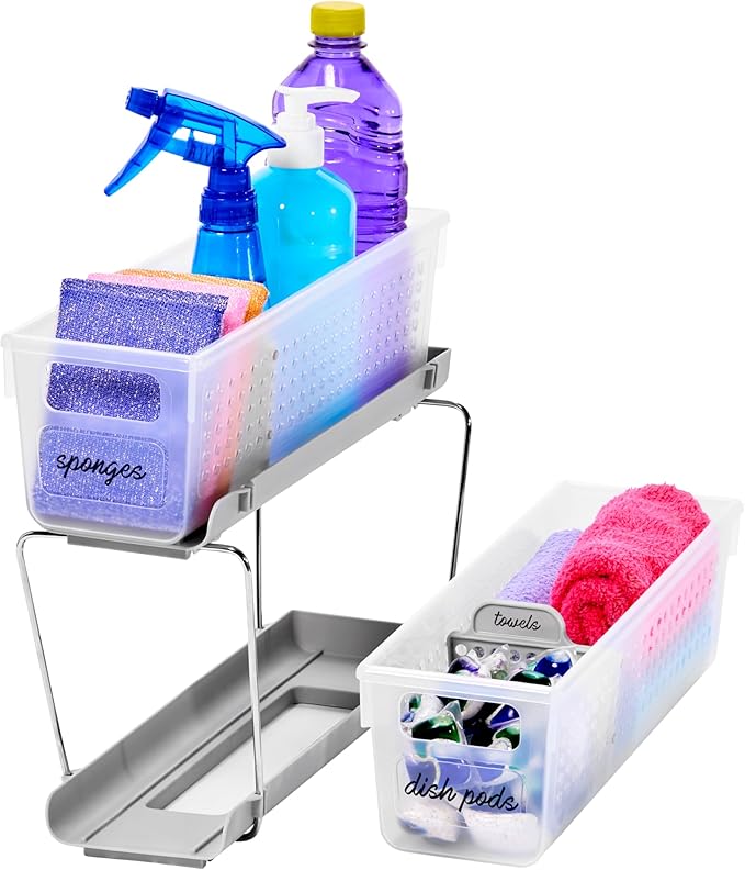 madesmart Mini 2-Tier Organizer, Multi-Purpose Slide-Out Storage with Handles and Dividers for Home and Bath, Frost