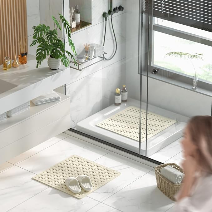 HITSLAM Shower Mat Anti Slip, Square Bath Mat for Tub Non Slip with Suction Cups and Drain Holes, 21x21 Inch Bathroom Shower Stall Floor Mat, Machine Washable, Soft on Feet, Sand