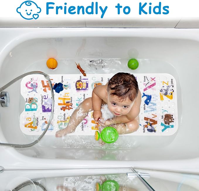 Topotdor Baby Bath Mat for Tub for Kids, 40 X 16 Inch Extra Long Toddler Bathtub Mat Non Slip, Machine Washable Bathroom Shower Floor Mat with Suction Cups & Drain Holes, Alphabet Animal