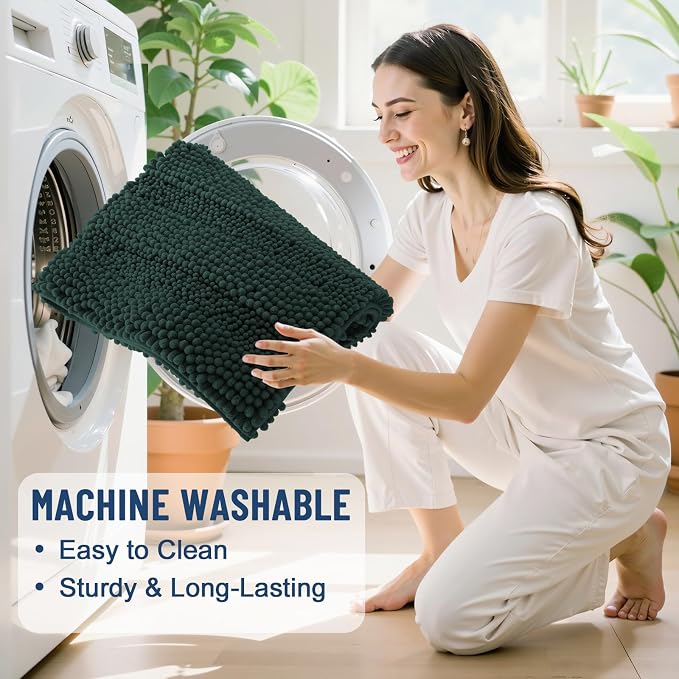 Grandaily Chenille Striped Bathroom Rugs 24x16, Extra Thick and Absorbent Bath Mats, Non-Slip Soft Plush Shaggy Shower Carpet, Machine Wash Dry, Bath Rug for Bathroom, (Small, Dark Green)