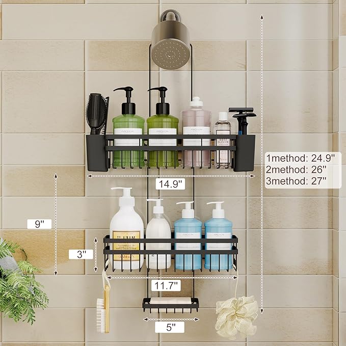Shower Caddy Hanging for Bathroom Organizers and Storage,3 Tier Adjustable Anti-Swing Shower Organizer Hanging with Heavy-Duty Suction Cups, Damage-Free Rustproof (Black)