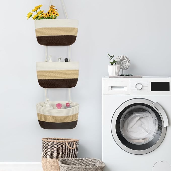 TeoKJ Over the Door Hanging Basket, 3-Tier Woven Cotton Wall-Mounted Storage Organizer Bag Decorative Hanging Nursery Baskets，Gradient Brown