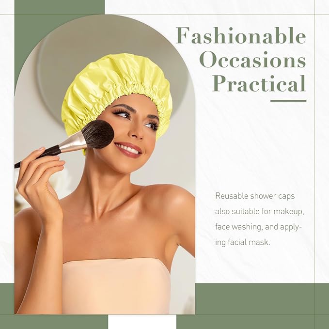 Reusable Shower Cap for Women, Large Waterproof Shower Bonnet Washable Elastic Band Bath Accessories Hair Hat for Long Hair, Braids(Bright Yellow)