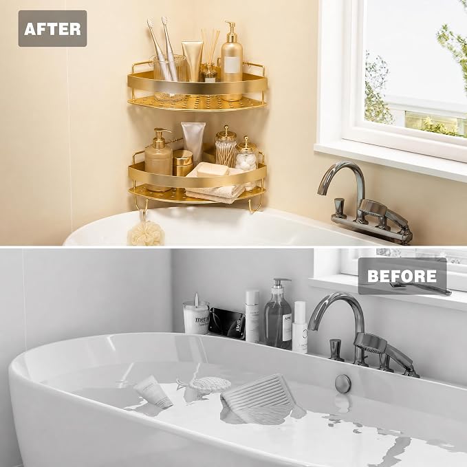 Corner Shower Shelves - 2 Tier No Drilling Shower Caddy Adhesive, Stainless Steel Shower Organizer with 4 Hooks, Wall Mounted Shower Rack for Inside Shower Corner Shelf, Gold Floating Shelves