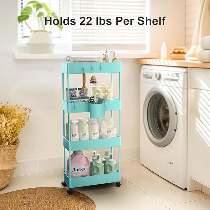 Pipishell Slim Storage Cart with Wheels, 4 Tier Bathroom Storage Organizer Rolling Utility Cart for Bathroom Kitchen Laundry Room Office Narrow Place (Turquoise)