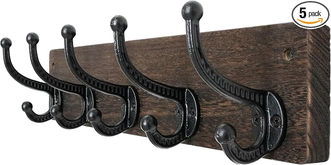 WEBI Rustic Coat Rack Wall Mount,5 Cast Iron Coat Hooks Wall Mounted,Heavy Duty Wood Wall Coat Hanger Hooks for Hanging Coats,Jacket,Clothes,Backpack,Farmhouse,Weathered Brown