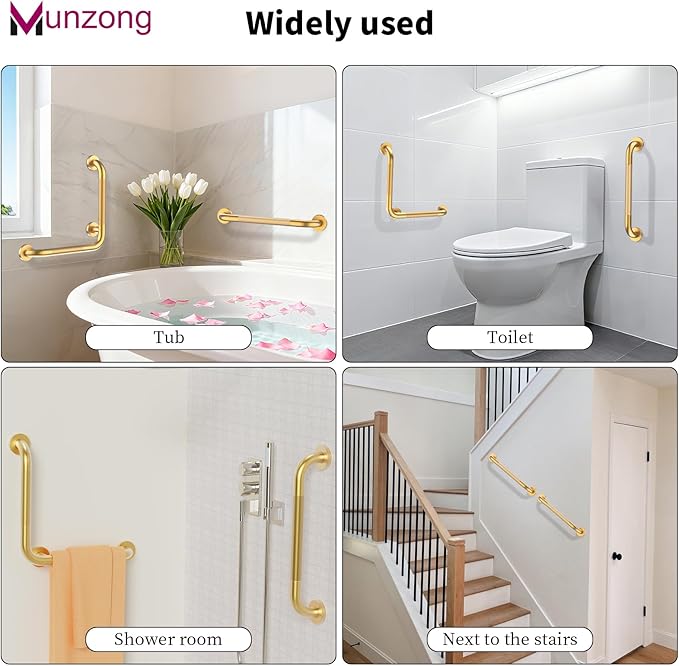 16" Angled Gold Bathroom Grab Bars for Shower with 20" Straight Munzong Toilet Handicap Grab Rail,Anti Slip Stainless Steel Knurled Safety Handle Support Elderly Injury Senior