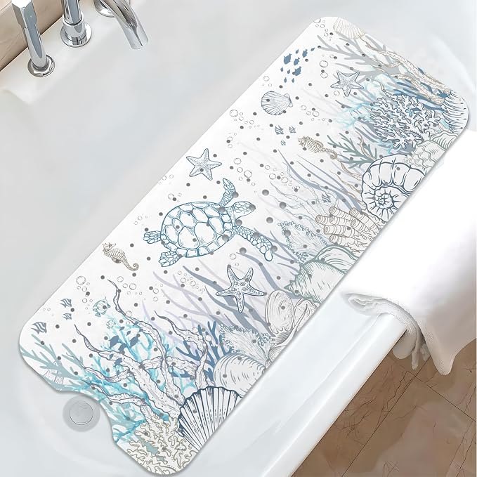 Sea Turtle Bathtub Mat Non Slip, Cute Baby Bath Mat for Tub Rubber Tub Mat, Kids Bath Mats for Bathroom Undersea Anti Slip Shower Mat with Suction and Drain Holes Machine Washable, 40″X16″