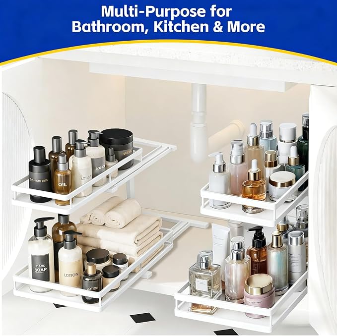 Under Sink Organizer, Dual-Rail Ball-Bearing, Under Kitchen Sink Organizer, 6-Level Adjustable, Under Cabinet Organizer, No-Drill Adhesive/Suction, Under Sink Storage (White, Double Layer - 1 Pack)
