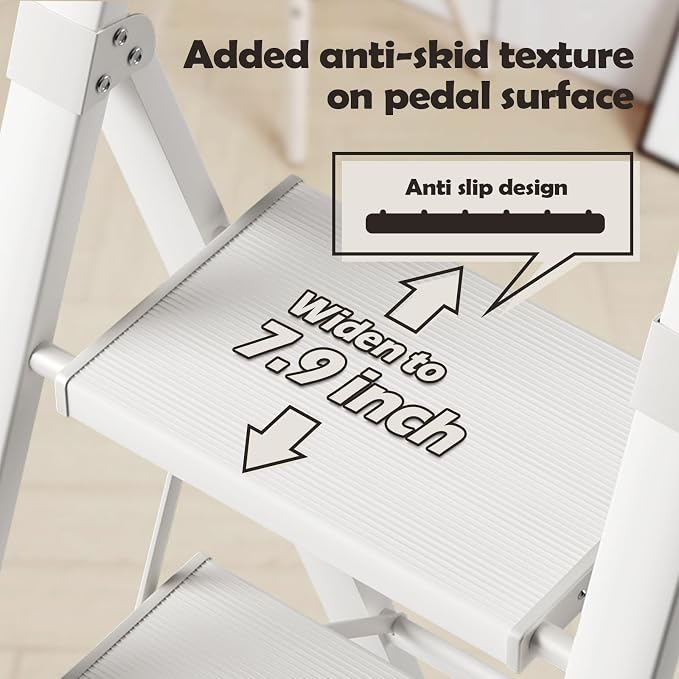 Taranta 4 Step Ladder, Portable Folding Ladder with Wide Pedal, Lightweight Aluminum Step Stool with Convenient Handgrip, 330 lbs Capacity Stepladder for Home, Office - White